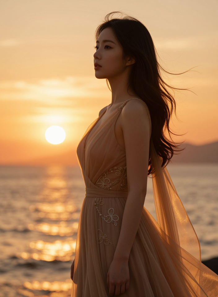 황금빛 노을 아래의 모델