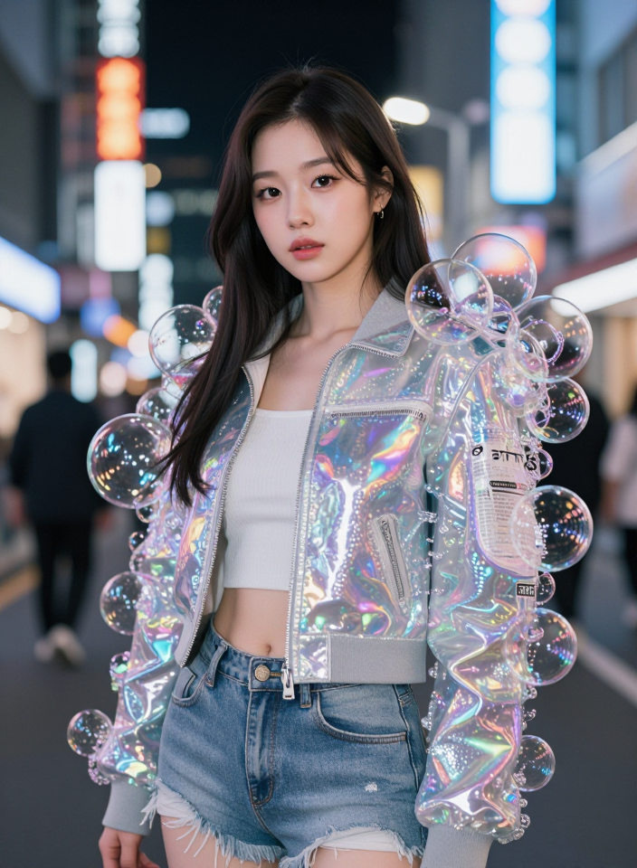 홀로그램 버블 재킷의 거리 패션